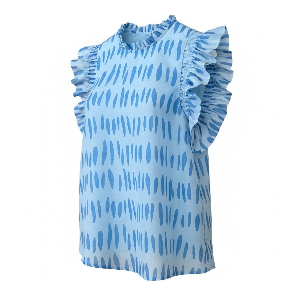 J Marie Blue Ruffle Flutter Sleeve Poly Silk Patterned Blouse Women's size S